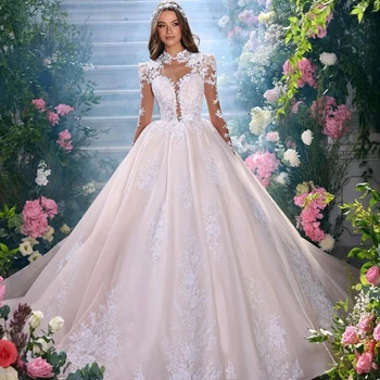 Сексуальное Бальное платье с высоким воротом и длинным рукавом, Свадебное платье с Великолепными аппликациями, Кружевной шлейф, Винтажное свадебное платье vestidos de novia 2