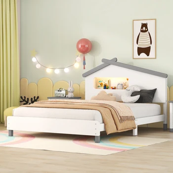 Симпатичная дизайнерская деревянная кровать-платформа с изголовьем в форме домика и ночниками с активацией движения, для детской спальни, белый + серый 8