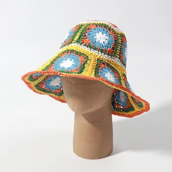 Складная соломенная шляпа Стильная соломенная шляпа от солнца, вязаная крючком с цветочным рисунком, защита от ультрафиолета, складная женская шляпа-панама с широкими полями на лето 10