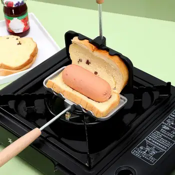 Сковорода для сэндвичей на открытом воздухе с длинной деревянной ручкой, сковорода для пирогов из алюминиевого сплава, портативная машина для приготовления сэндвичей на костре для кемпинга 5