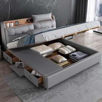 Современная простая, легкая и экстравагантная двуспальная кровать в главной спальне, большая кровать, многофункциональная кожаная кровать для хранения, свадебная кровать