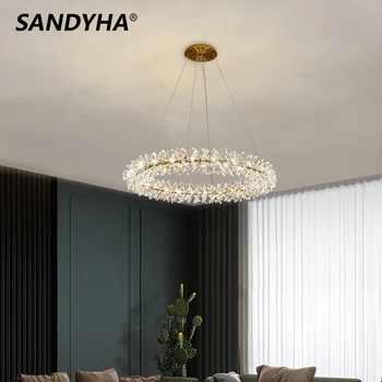 Современные минималистичные хрустальные люстры SANDYHA освещают роскошную круглую креативную скандинавскую светодиодную лампу для гостиной, столовой, спальни.