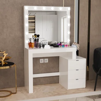 Современный туалетный столик Boahaus Aurora, белая отделка, лампочки, для спальни, столик для макияжа, туалетный столик 13