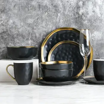Современный фарфоровый набор посуды Lain Florian, 16 предметов на 4 персоны, золотой и черный 11