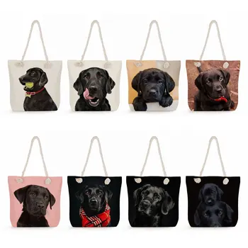 Сумки из полиэстера с черным лабрадорским принтом, повседневные женские сумки-тоут большой вместимости, дорожные сумки с изображением собаки, пляжные сумки на толстой веревке 6