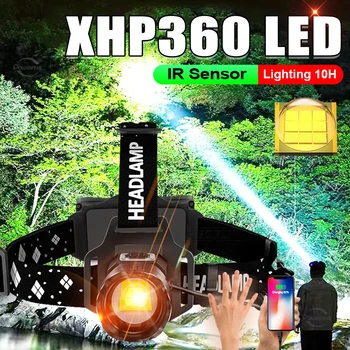 Супер яркий светодиодный налобный фонарь с датчиком XHP360, перезаряжаемый Масштабируемый головной фонарик, блок питания, налобный фонарь со встроенной батареей 18650 14