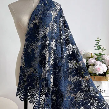 Темно-синяя водорастворимая кружевная ткань с полой вышивкой для женского платья-юбки 2