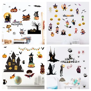 Тыква, Ведьма, Летучие мыши, Кошка, Призрак, Паук, наклейки на стену на Хэллоуин для детской комнаты, украшение дома, Плакат фестиваля 