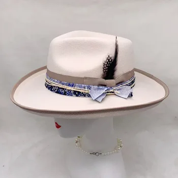 Фетровая шляпа с бантом и пером, осенняя шляпа, Новая однотонная фетровая шляпа с загнутым краем, тонкая повседневная женская сомбреро с защитой от солнца на открытом воздухе 15