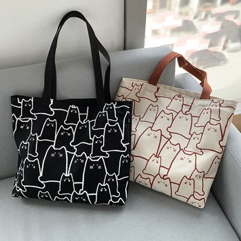 Холщовые сумки-тоут для женщин 2023, повседневные сумки для покупок, милые кошки на молнии, дизайнерская сумочка, мультяшные маленькие сумки через плечо в японском стиле 14