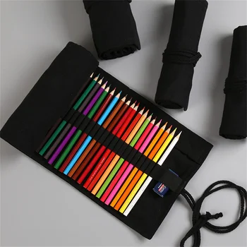 Чистый черный школьный пенал с роликом на 12/24/36 отверстий, холщовая сумка для ручек, чехол для карандашей, Цветной карандаш для эскизов, канцелярские принадлежности для занавесок 12