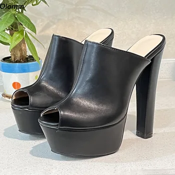 Olomm/ Женские босоножки на платформе, тапочки, однотонные туфли на блочном каблуке с открытым носком, красивые черные вечерние туфли, женские размеры 35-47 1