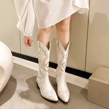 Белые ковбойские сапоги для женщин с вышивкой, сапоги до колена с острым носком, женские ковбойские сапоги без застежки на толстом каблуке, Размер 42 8