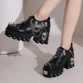 Большой размер 46, туфли-лодочки с металлическим черепом в стиле Рокки, модные заклепки, обувь на массивном каблуке, женские повседневные пинетки на шнуровке с цепочкой 4