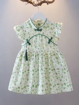 Детское китайское платье без рукавов Cheongsam, летнее Новое шифоновое платье для девочек, тонкая Маленькая юбка с цветочным принтом в иностранном стиле 9
