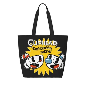 Изготовленная на заказ холщовая хозяйственная сумка Cuphead и Mugman, женская моющаяся, большой емкости для продуктов, электронных игр, сумок-тоут для покупателей 11