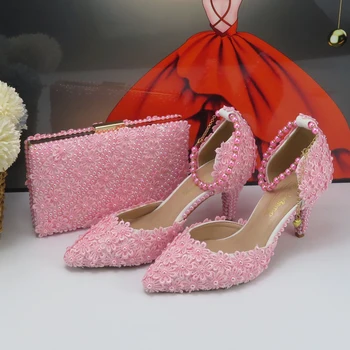 Комплект свадебных туфель и сумки с розовым цветком, женские вечерние туфли с острым носком на тонком каблуке, обувь и сумка с ремешком на щиколотке и пряжкой 9