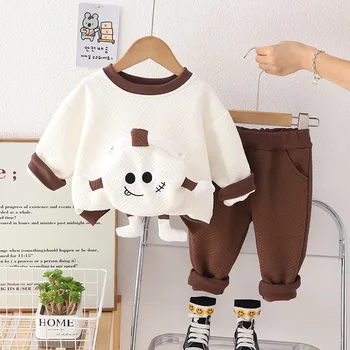 Корейский модный комплект одежды для мальчиков 2023 года, новые весенне-осенние детские футболки с длинными рукавами и штаны с мультяшным карманом, одежда для малышей 1
