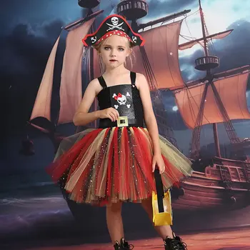 Костюм пирата на Хэллоуин для девочки, кружевное платье, модное детское платье-пачка на бретелях + шляпа + сумка, нарядная одежда 6