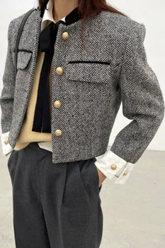 Куртки для женщин, пальто в клетку с металлическими пуговицами, винтажные укороченные топы, Короткая верхняя одежда, модное твидовое пальто в корейском стиле 1