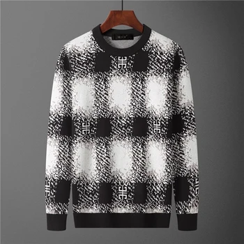 Модный мужской новый продукт 2023 осень/ зима, модный тренд сезона, полосатый жаккардовый крупный брендовый теплый вязаный свитер для мужчин M-3XL 4