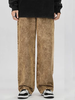 Мужские коричневые джинсы свободного кроя в стиле хип-хоп с широкими штанинами в американском уличном стиле, повседневные джинсовые брюки Уличная мужская одежда 8