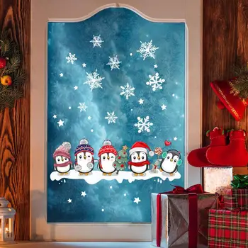 Наклейки на окна в виде снежинок, водонепроницаемая рождественская наклейка с пингвином, наклейка на окно в виде хлопьев снега, Рождественский праздничный белый 7