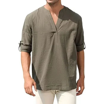 Новые поступления 2023 Мужские рубашки Пляжные хлопчатобумажные Льняные топы Smart Casual Бело-серая рубашка Генри с V-образным вырезом и длинным рукавом Roupas Femininas 15
