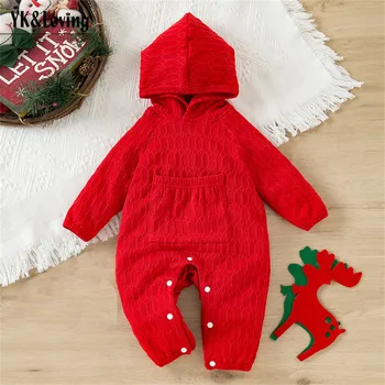 Осенне-зимние Детские ползунки для мальчиков и девочек, Рождественская одежда для малышей с красным карманом и капюшоном с длинным рукавом, однотонная Зимняя одежда для новорожденных, Новогодняя одежда 13