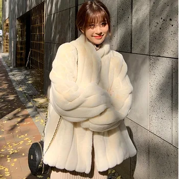 Пальто Из искусственного меха Ro, женские повседневные Корейские толстовки, пушистая толстая теплая куртка из искусственного меха кролика, Женские меховые пальто из флиса со стоячим воротником