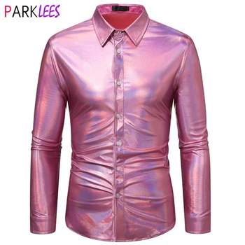 Розовая рубашка с металлическим блеском Для мужчин 2023, Новинка 70-х, диско-танцевальный костюм для вечеринки на Хэллоуин, Сорочка Homme, блестящая рубашка для выпускного вечера, мужская 2XL 10