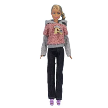 Серо-розовые модные толстовки, тканый зимний теплый топ и длинные джинсовые брюки, комплект одежды для куклы Барби, наряды для кукол 1/6, аксессуары для кукол 6
