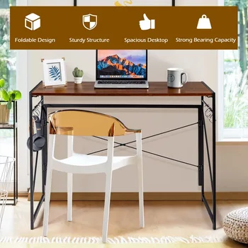 Складной письменный стол Gymax, Компьютерный стол для домашнего офиса с 6 крючками, коричневый 10