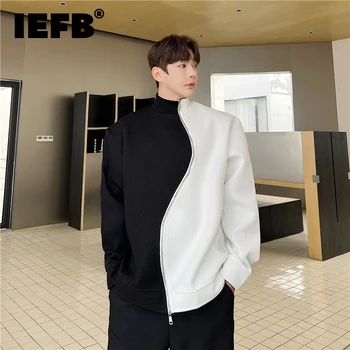 Трендовая мужская толстовка IEFB асимметричного контрастного цвета на молнии, повседневный пуловер, Корейский воротник-стойка, индивидуальные топы 9A7739 3