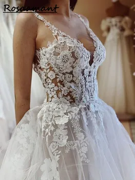 Элегантные кружевные свадебные платья трапециевидной формы для женщин 2023, платье невесты на бретельках с аппликацией, халат с глубоким V-образным вырезом и открытой спиной Robe De Mariée 13