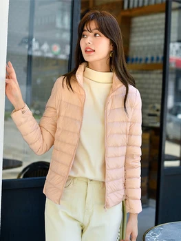 15 Цветов, женская пуховая куртка, Корейский воротник-стойка, Модная Короткая Тонкая куртка на Белом Утином пуху, теплое женское ультралегкое упаковываемое пальто 8