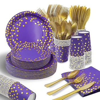 16 шт./компл. Одноразовая посуда с фиолетовым золотом в горошек для вечеринки, принадлежности для вечеринки по случаю Дня рождения, Бумажные обеденные тарелки, салфетки, чашки, свадебные украшения 6