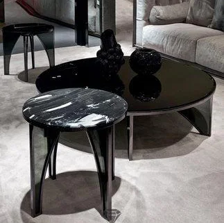 2021 креативный стиль Художественный пейзаж мраморный круглый чайный столик в гостиной Простой итальянский чайный столик из нержавеющей стали и камня 7