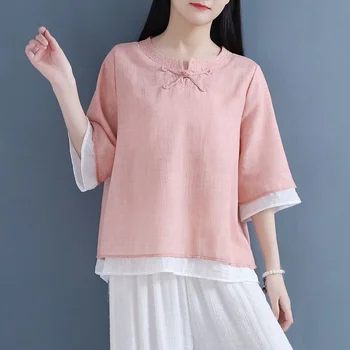2023 традиционная китайская винтажная блузка с круглым вырезом, женская двухслойная рубашка дзен, национальный хлопчатобумажный льняной чайный сервиз hanfu, блузка 15