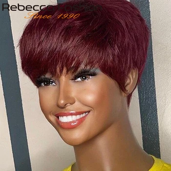 99J Цветной Короткий Прямой Парик Из Человеческих Волос Bob Pixie С Челкой И Бахромой Для Женщин, Бразильские Волосы Remy, Бордово-Красные Парики-Бобы 15