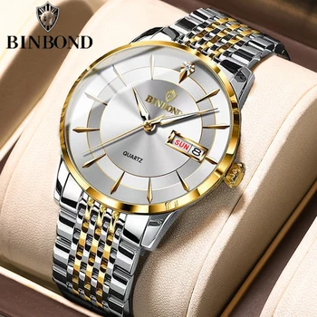 BINBOND Новые модные деловые мужские часы с водонепроницаемым светящимся ультратонким брендовым стальным ремешком, деловые кварцевые мужские часы с календарем 15