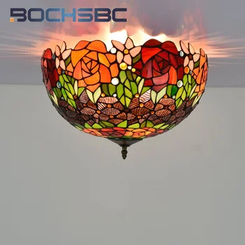 BOCHSBC Роза Тиффани на черном фоне 16-дюймовый верхний светильник из витражного стекла в стиле деко столовая Прихожая прихожая ванная комната потолочный светильник 12