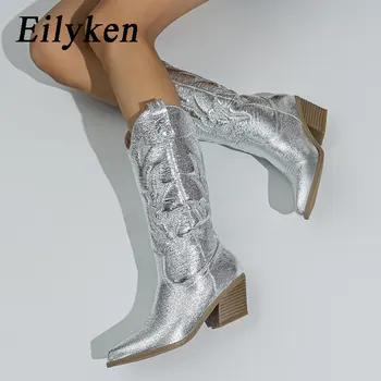 Eilyken, высококачественные сапоги до колена, Женские дизайнерские Ковбойские пинетки ручной работы с вышивкой в западном стиле, Элегантные банкетные туфли на низком каблуке
