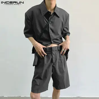INCERUN 2023, Мужские комплекты в полоску, Уличная одежда, Модная рубашка с коротким рукавом и шорты с отворотом, Комплекты из двух предметов, Мужские повседневные костюмы в корейском стиле 1