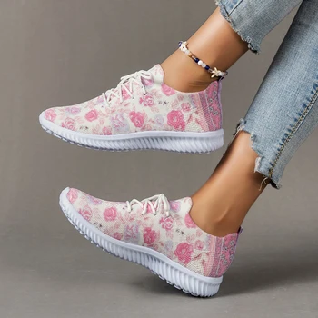 Lucyever/ Розовые кроссовки с цветочным принтом, женские осенние туфли на плоской подошве из дышащей сетки, 2023, Легкая нескользящая повседневная обувь для ходьбы, 43 1