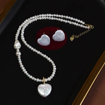 MeiBaPJ Ювелирный набор из натурального жемчуга в стиле барокко с сердечками, настоящее серебро 925 пробы, ожерелье-подвеска, серьги-гвоздики, изысканные ювелирные изделия для женщин 2