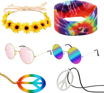 PESENAR 7 шт., набор костюмов хиппи, Ожерелья со знаками мира, Цветочная повязка на голову, Солнцезащитные очки для хиппи, повязка на голову, аксессуары для хиппи 60-х годов 5