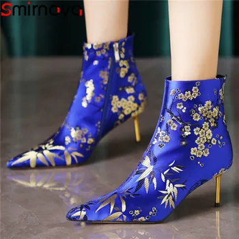Smirnova 2023 / Новые Элегантные Шелковые ботинки с цветочным рисунком на молнии, Ботильоны на тонком высоком каблуке, женские зимние ботинки с острым носком. 7