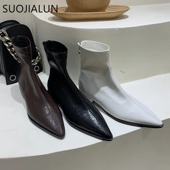 SUOJIALUN, новинка зимы, женские ботильоны, модные женские короткие ботинки на плоской подошве с острым носком и молнией сзади, повседневные ботинки Martin 3