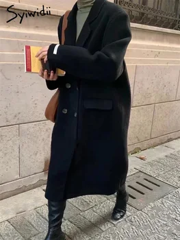 Syiwidii Длинное Шерстяное пальто Женское 2023 Корейская мода Двубортное Свободное Зимнее пальто Винтажная куртка с длинным рукавом и отложным воротником 11